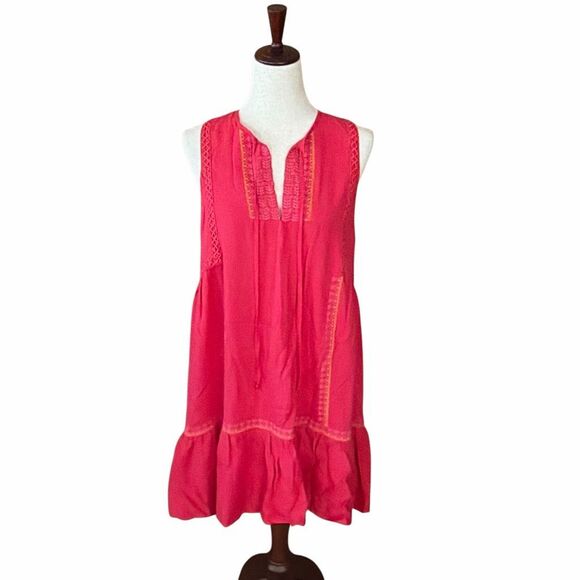 HIHO Bright Pink Embroidered Sleeveless Boho Shift Dress Small Rayon - Picture 2 of 7